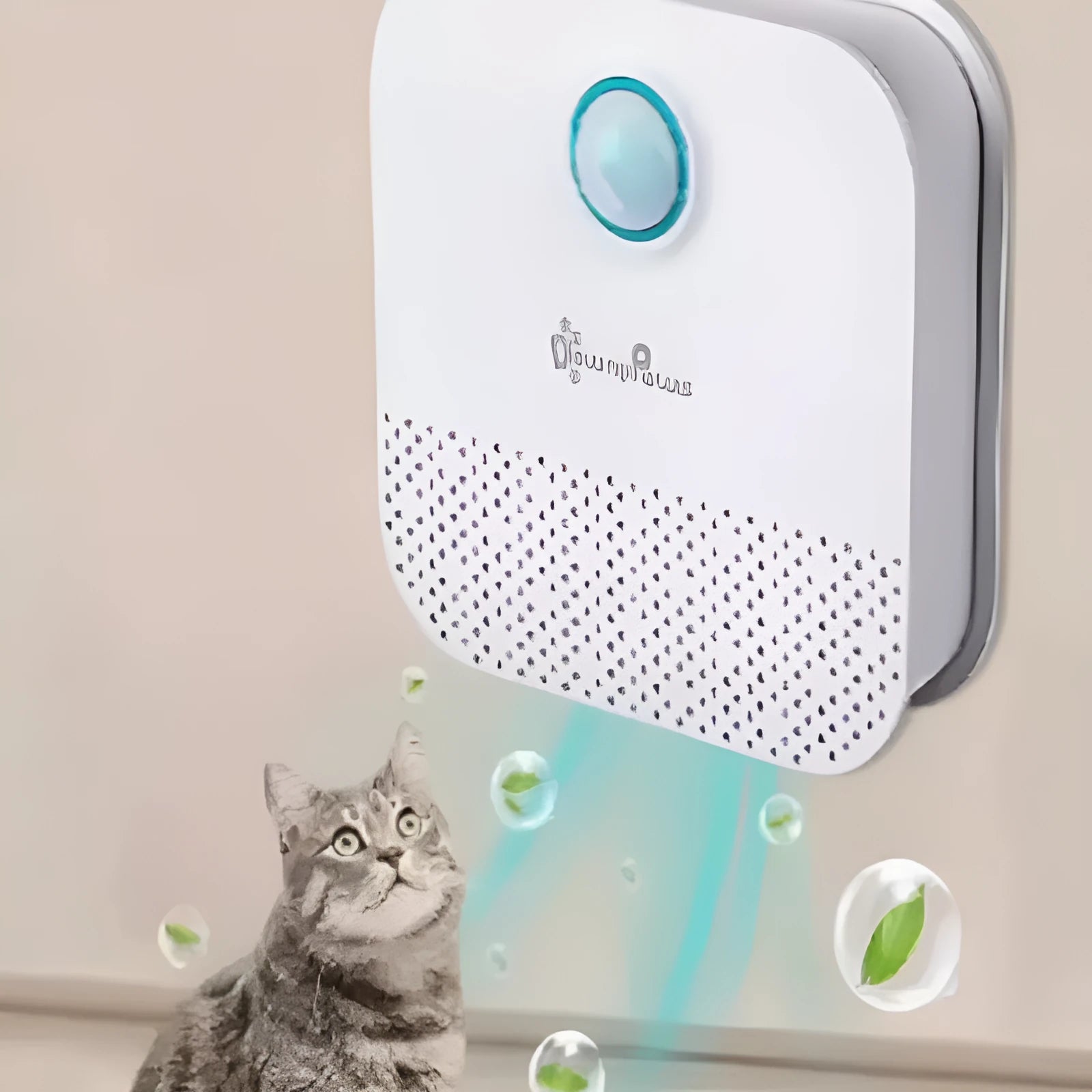 White square cat litter deodoriser unit measuring 9.2cm with USB charging port.