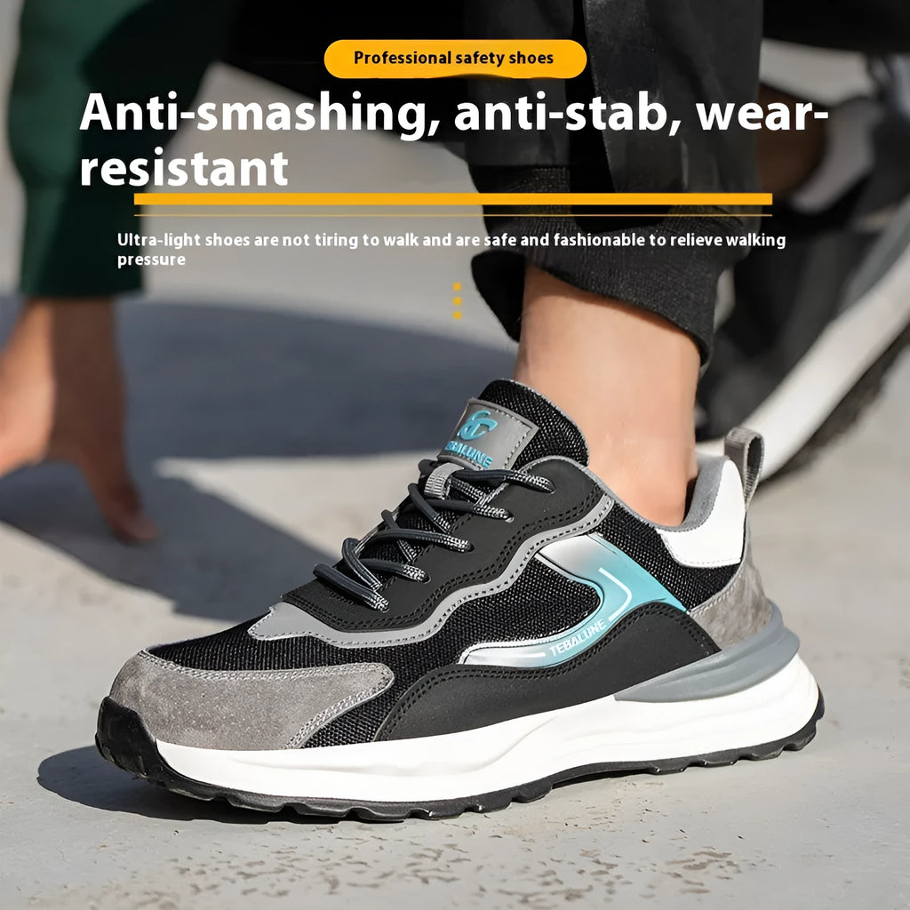 Men's low-top work shoes in Four Seasons colour with suede and mesh upper, steel toe cap, and lace-up fastening.