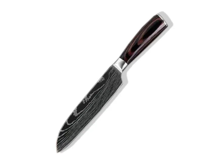 7Cr17 stainless steel kitchen knife with coloured wood handle and Damascus pattern blade on a black gift box.