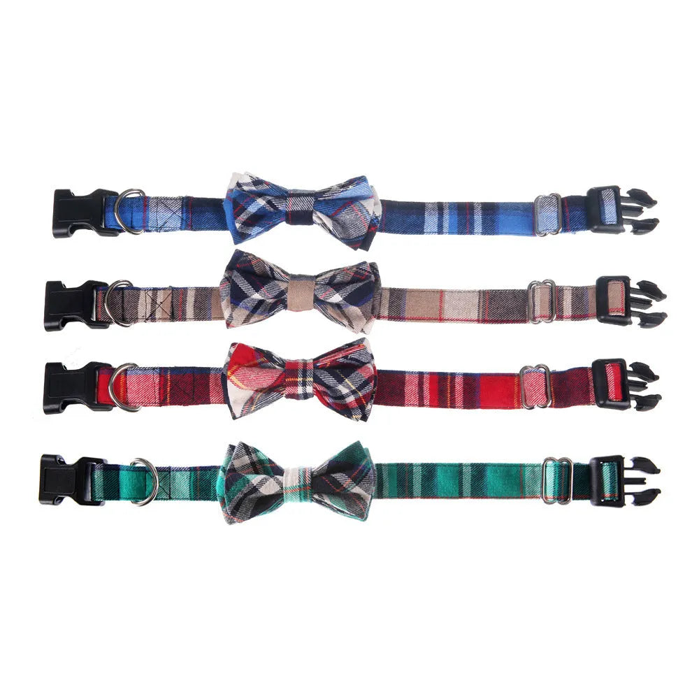 Pet bow collar grid pattern cloth blue, 2.0cm wide, size S, for dogs with neck circumference 31-39cm
