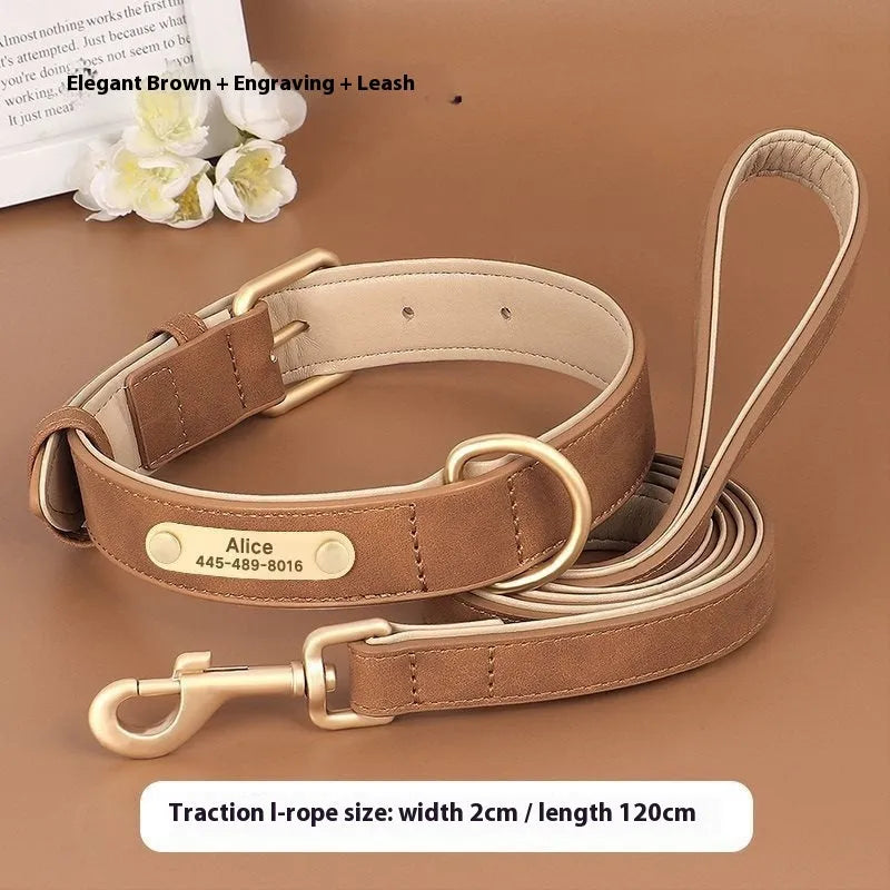 A rose red double-layer leather dog collar and matching traction rope laid flat.