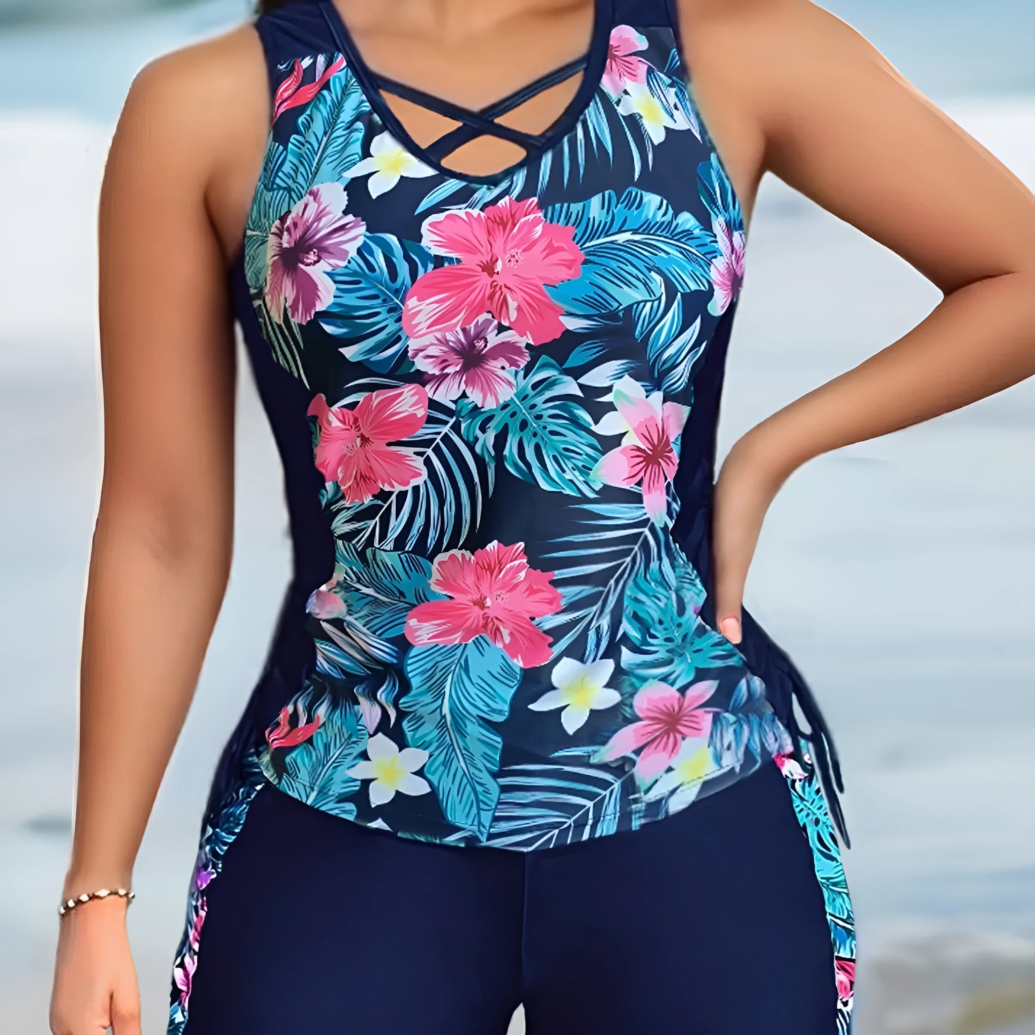 Plus size floral printed bikini with high waist brief and conservative backless design in navy blue colour