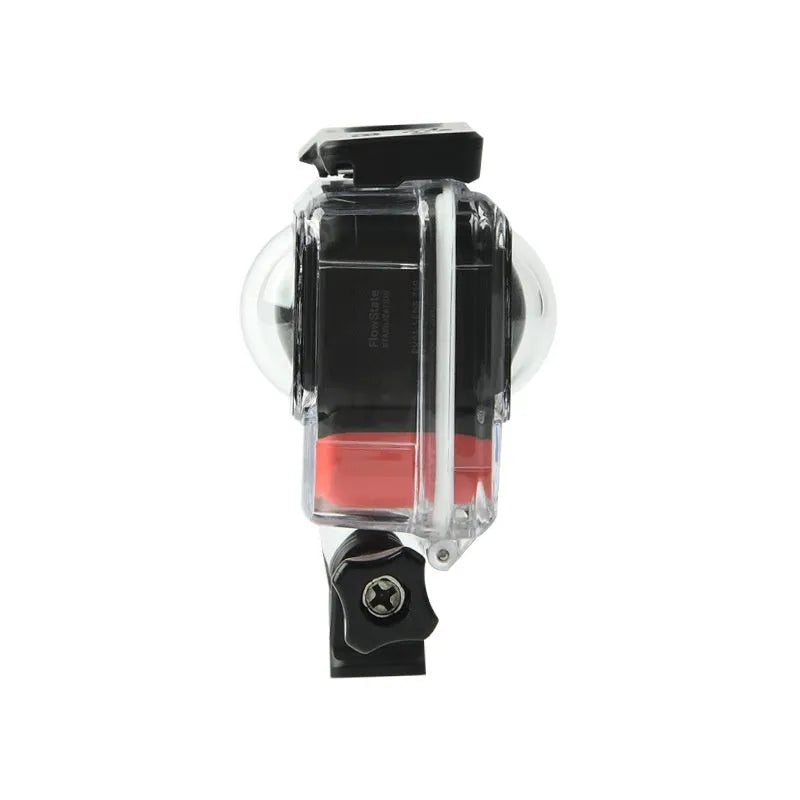 Transparent Insta360 One RS waterproof housing case for underwater camera protection.