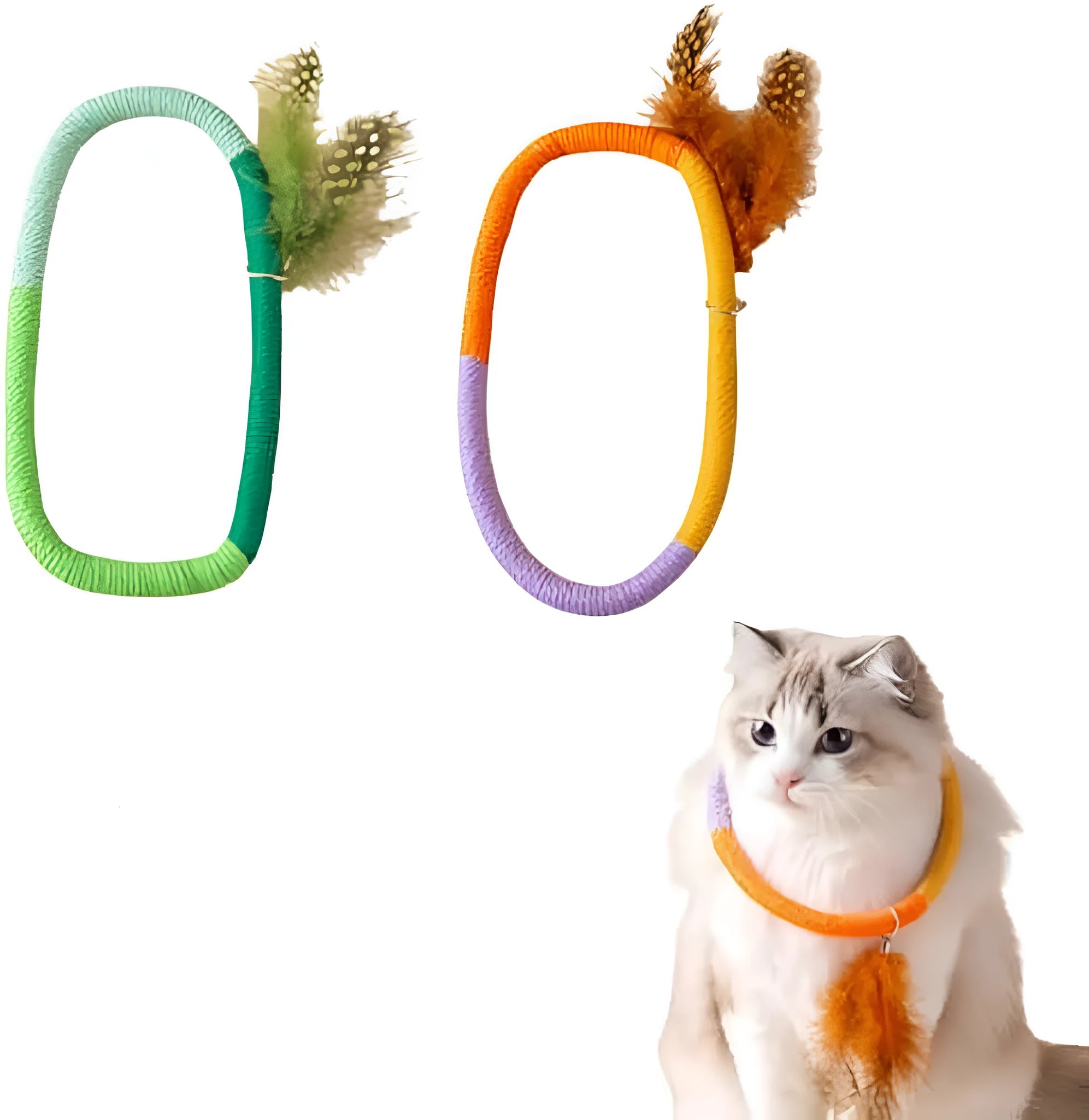Green cotton rope circular cat toy with feather top for interactive play