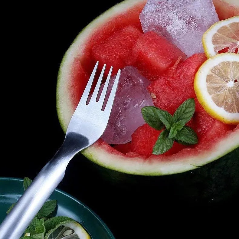 Stainless steel watermelon slicer with fork head showing 26cm length