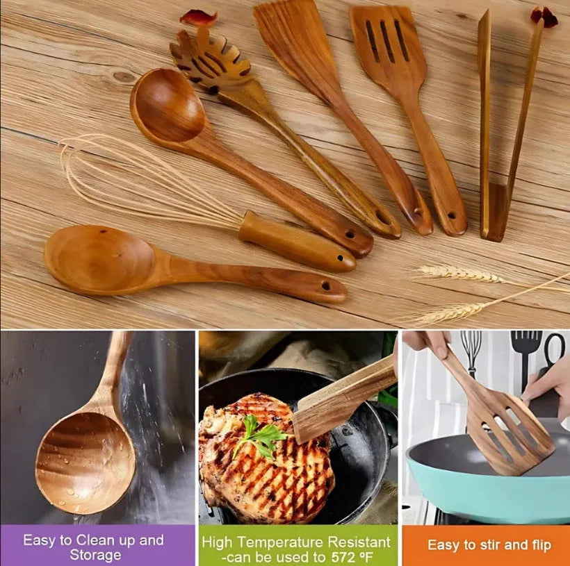 Seven wooden spoon shovels arranged together as a cooking utensil set for non-stick pans