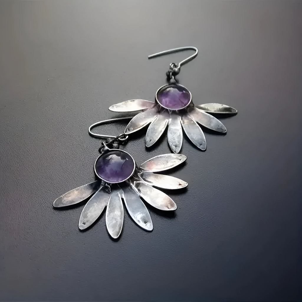 Purple resin bohemian flower earrings with animal zodiac design and alloy settings