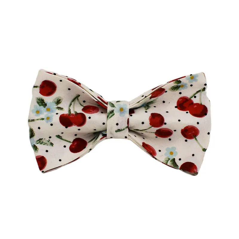 Red cherry printed dog collar and leash set with light gold buckle and decorative bow strap