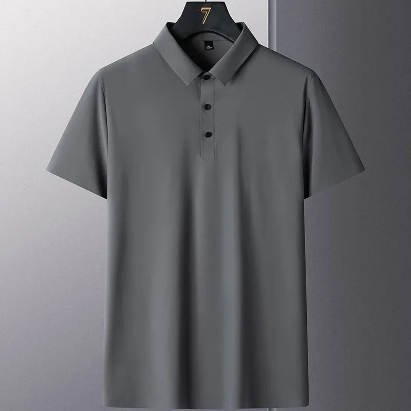 Non-ironing men's short sleeve business casual shirt in a solid colour on a hanger.