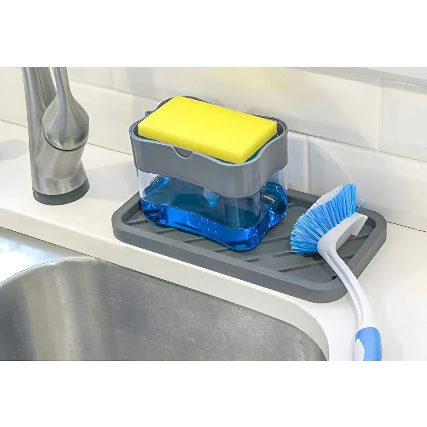 A compact plastic kitchen soap dispenser in a choice of black, grey, pink, or silver colours.