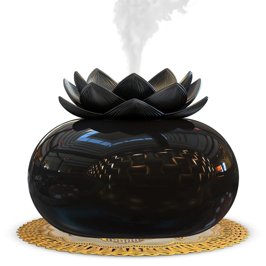 Pure black round lotus aromatherapy humidifier with USB power cable and ceramic-plastic construction