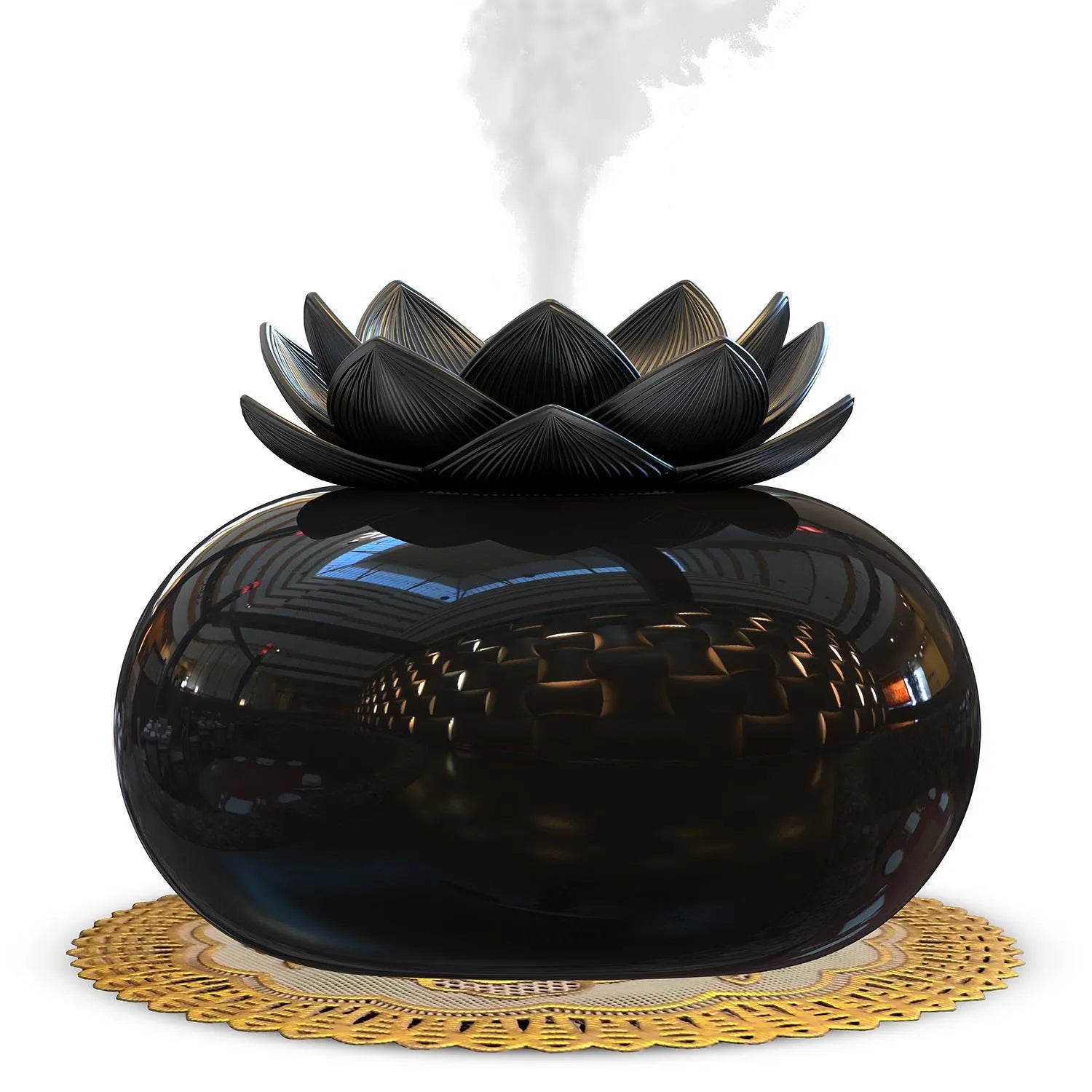 Pure black round lotus aromatherapy humidifier with USB power cable and ceramic-plastic construction