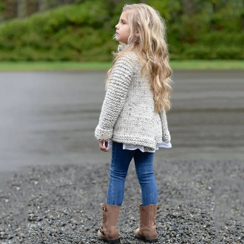 Beige long sleeve cardigan for girls with single-breasted front, made from a knitted rabbit hair blend.