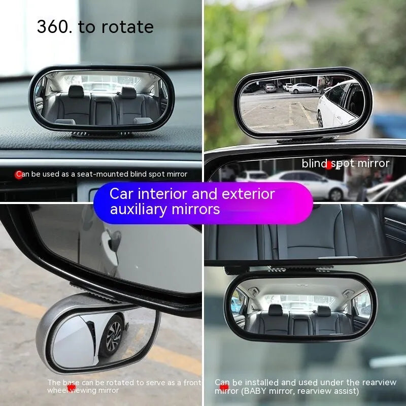 Black 360-degree rotating rearview mirror for cars shown with a large sucker mount for windscreen attachment.