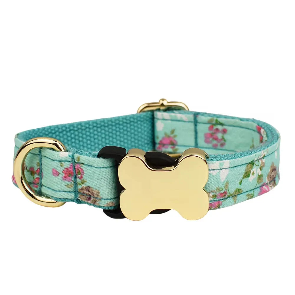 Flat nylon dog collar with printed grid pattern and bone-shaped buckle in multiple colour options.