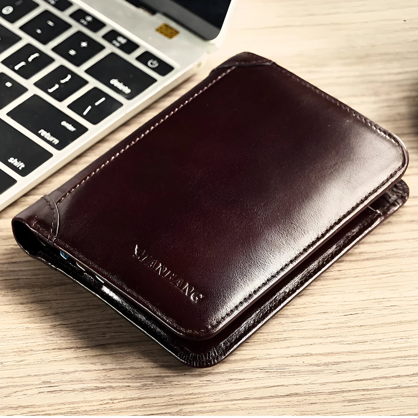 Men's black leather wallet open, showing internal card slots, photo slot, change pocket and hidden compartment.