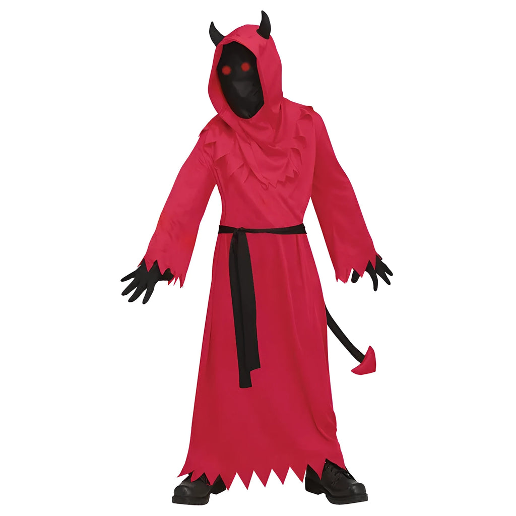 Red Halloween demon cosplay costume with serrated hem dress, horned hood, plush tail, wrist gloves, and translucent glasses