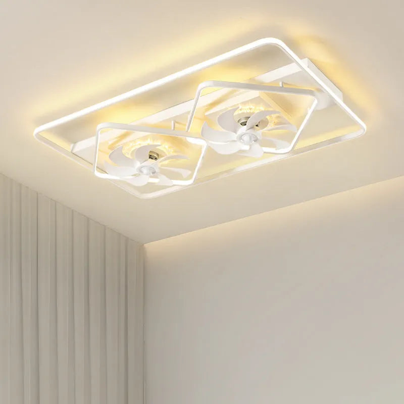 Modern white ceiling fan with light fixture, showing plastic blades and acrylic lampshade