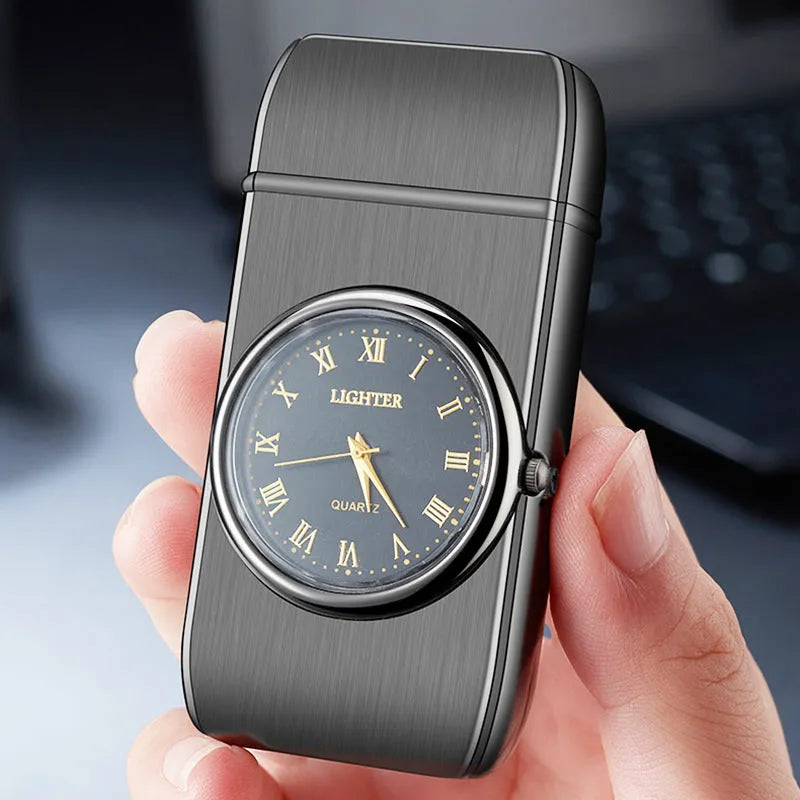 Metal multifunctional electronic lighter with watch display, wind-resistant flame and LED lighting in various colour finishes