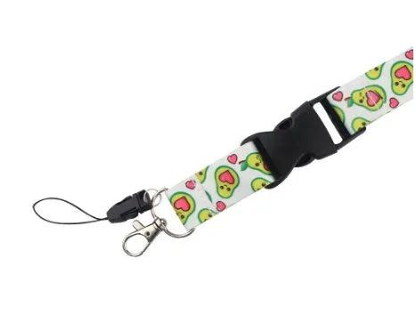 Avocado and fruit cartoon design on a double-sided white polyester phone lanyard with a black plastic buckle.