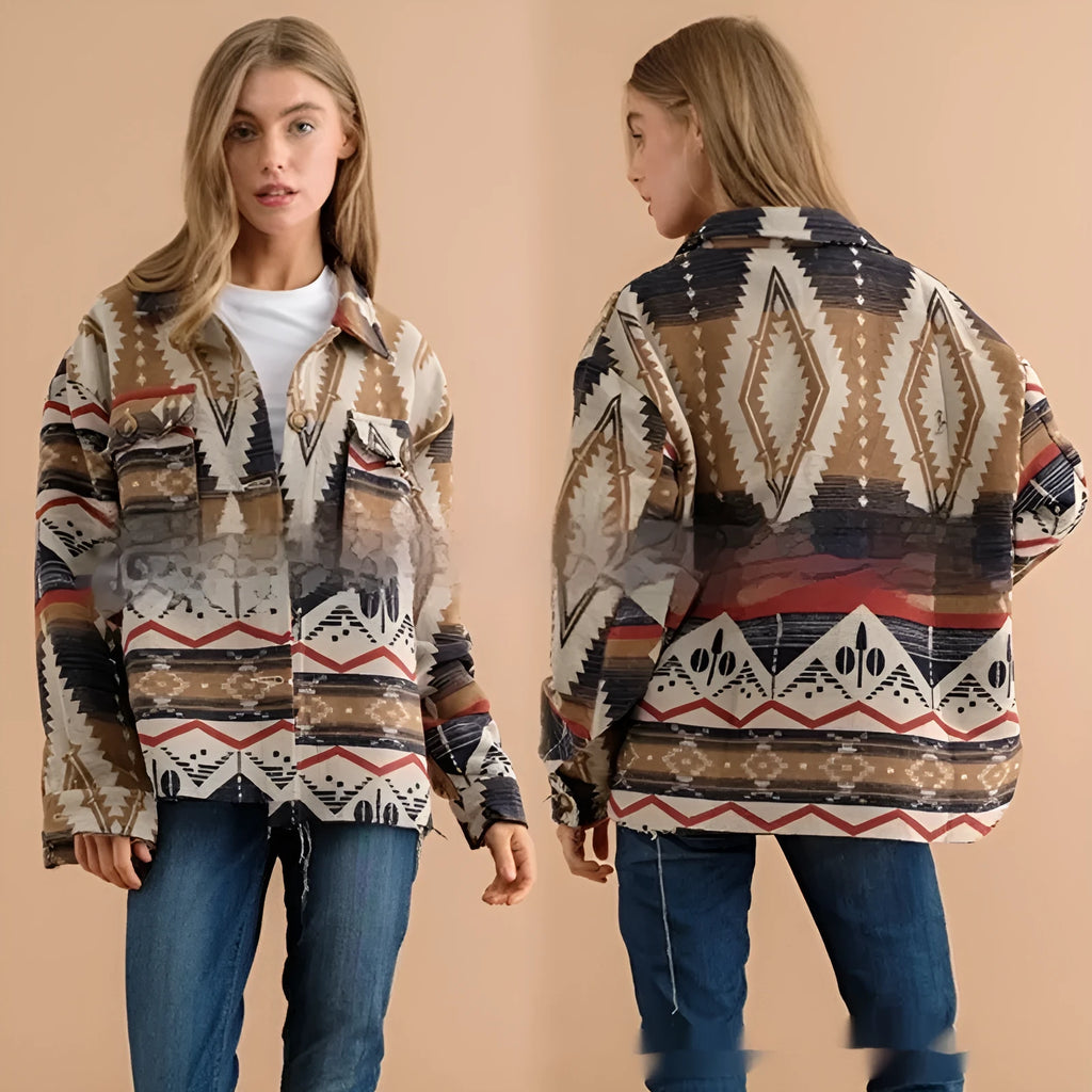 Women's loose fit retro jacket with Aztec print in army green, khaki, or sapphire blue.