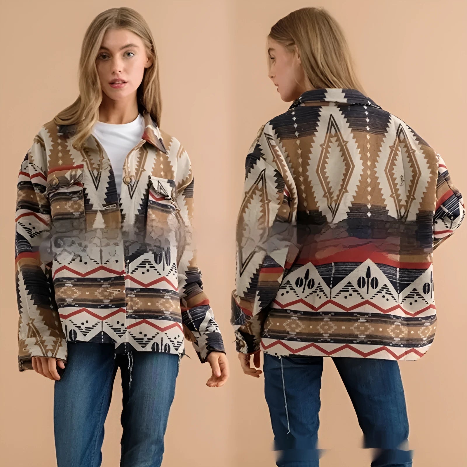 Women's loose fit retro jacket with Aztec print in army green, khaki, or sapphire blue.