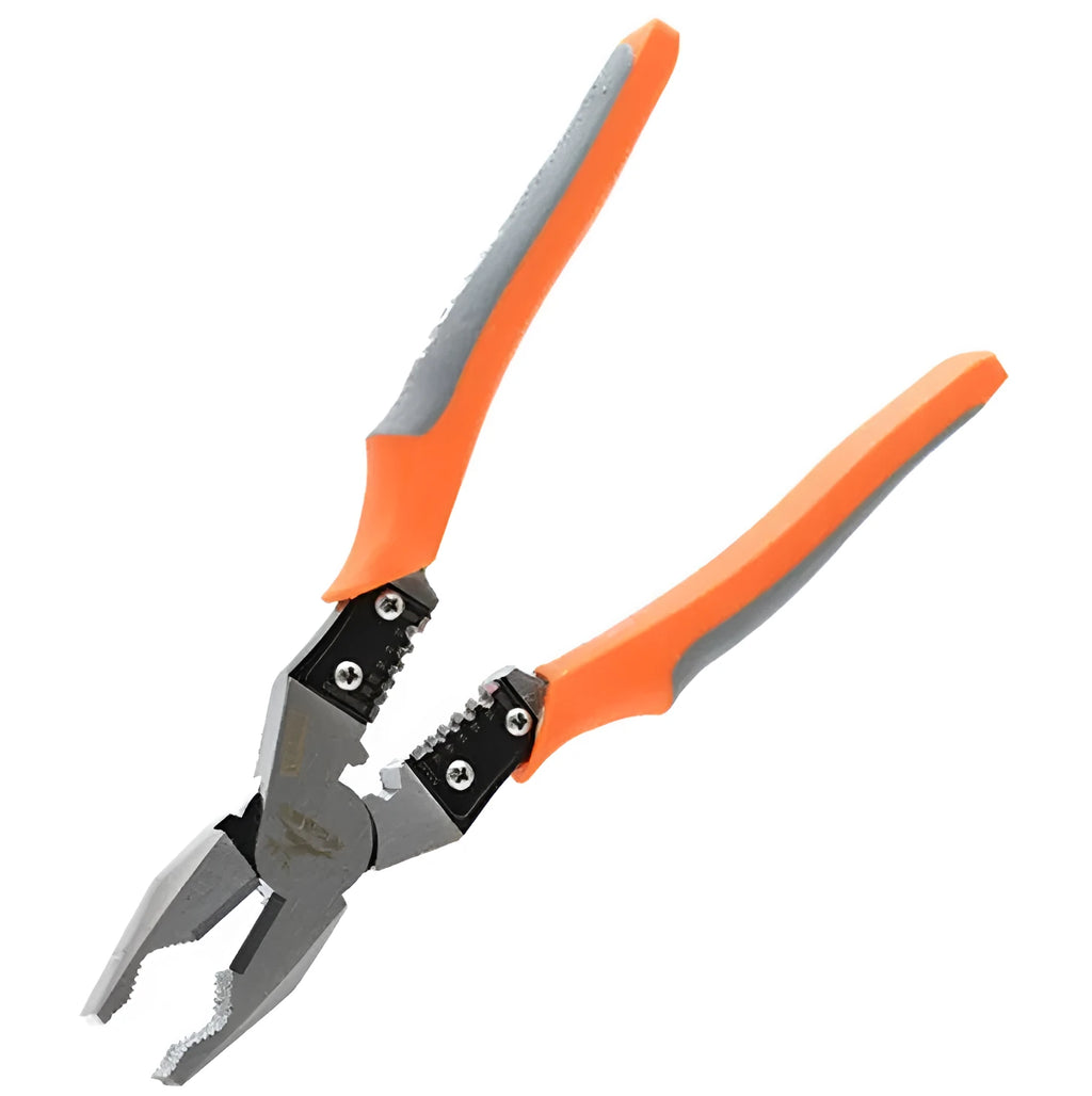 Orange multi-function wire cutter pliers with alloy steel head and textured PVC handle