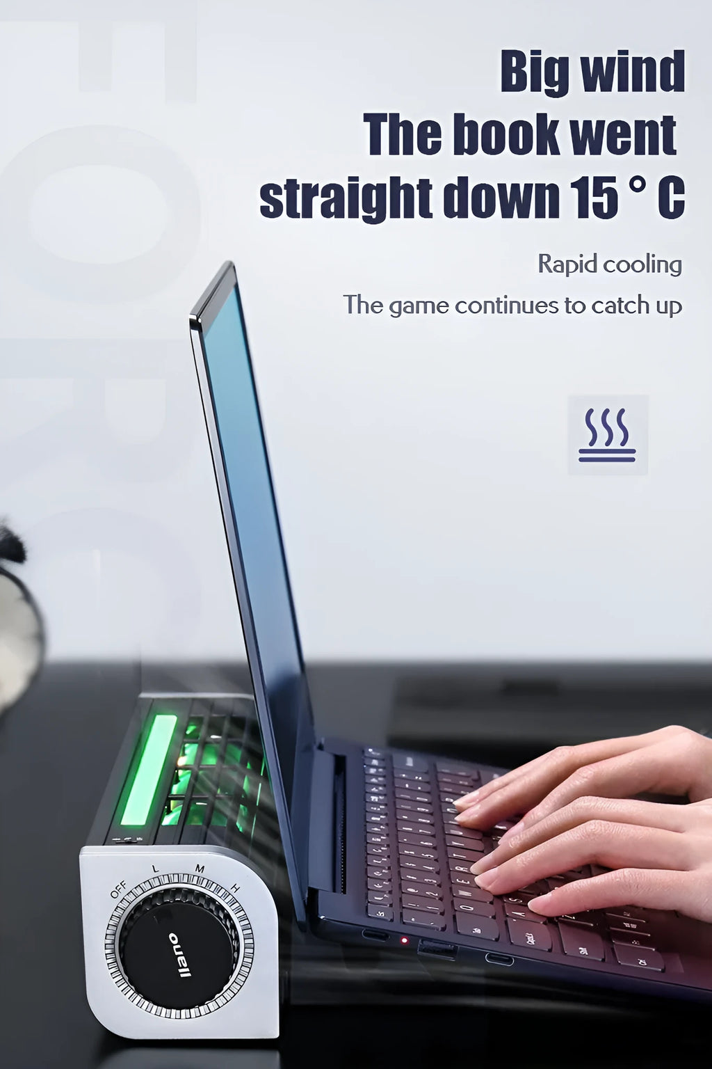 Black notebook cooler with wide aluminium plate and integrated support stand.