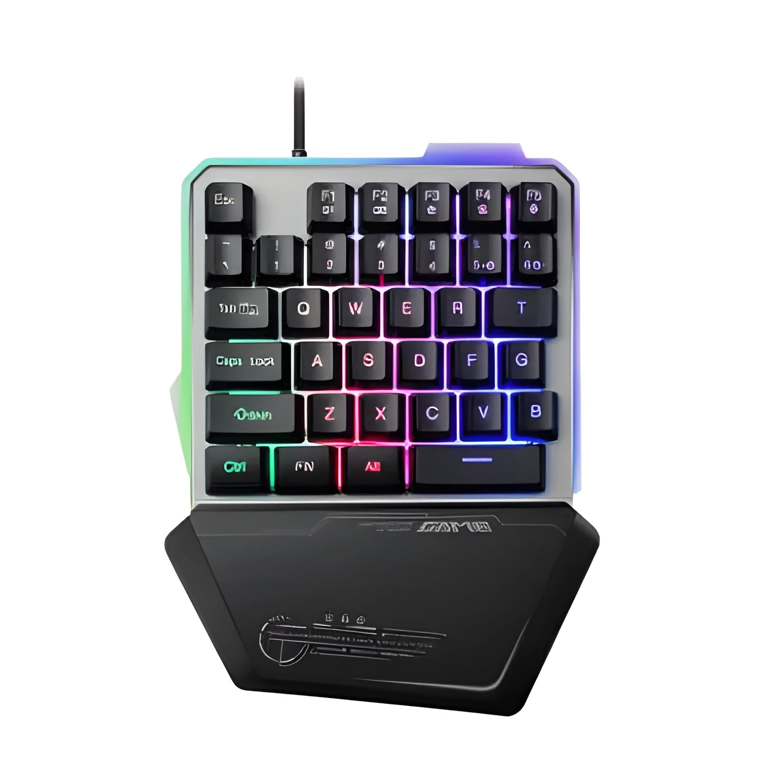 G40 Flow black one-handed robotic keyboard with RGB backlight on a desk.