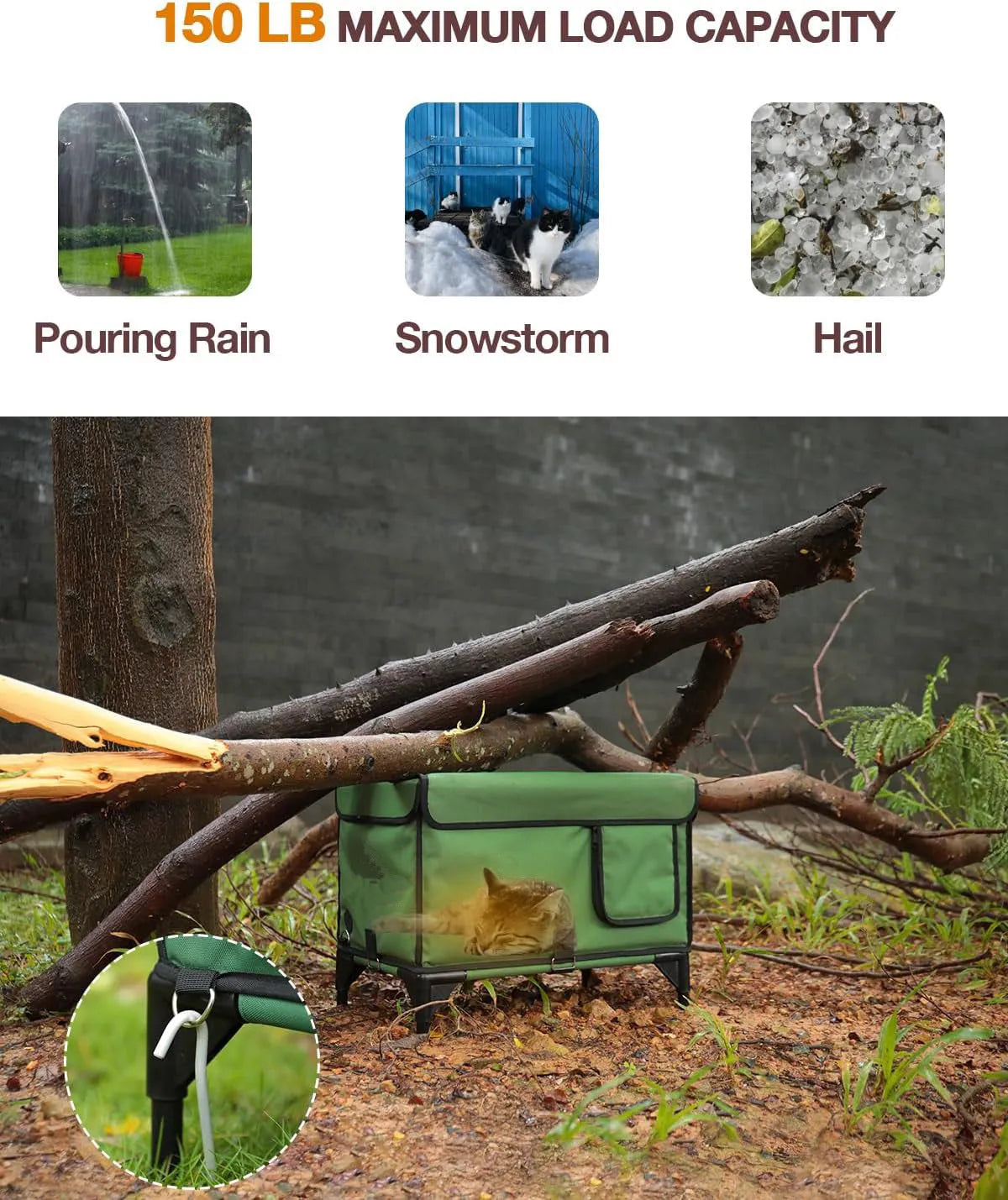 Green foldable cloth cat cage showing insulated outdoor shelter design with pet bed functionality