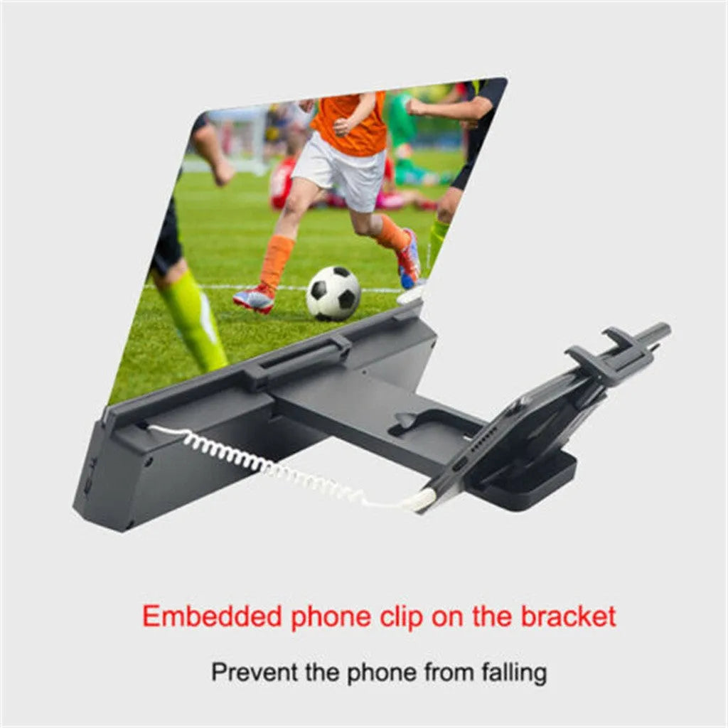 12-inch mobile phone screen amplifier with built-in speakers showing foldable design and adjustable gooseneck mount