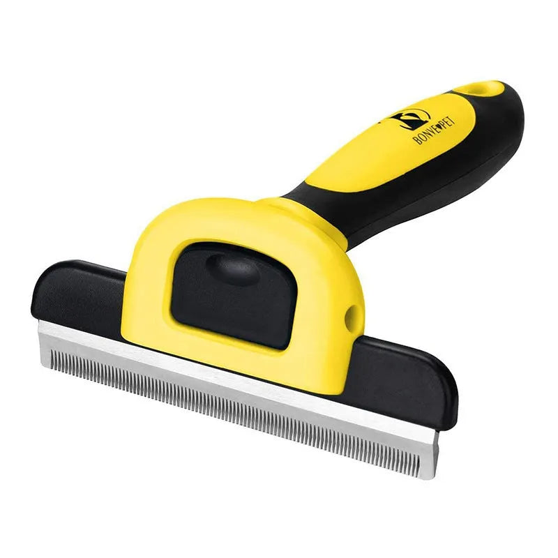 Dual-sided dog grooming comb showing stainless steel hair removal teeth and plastic knot untangling teeth