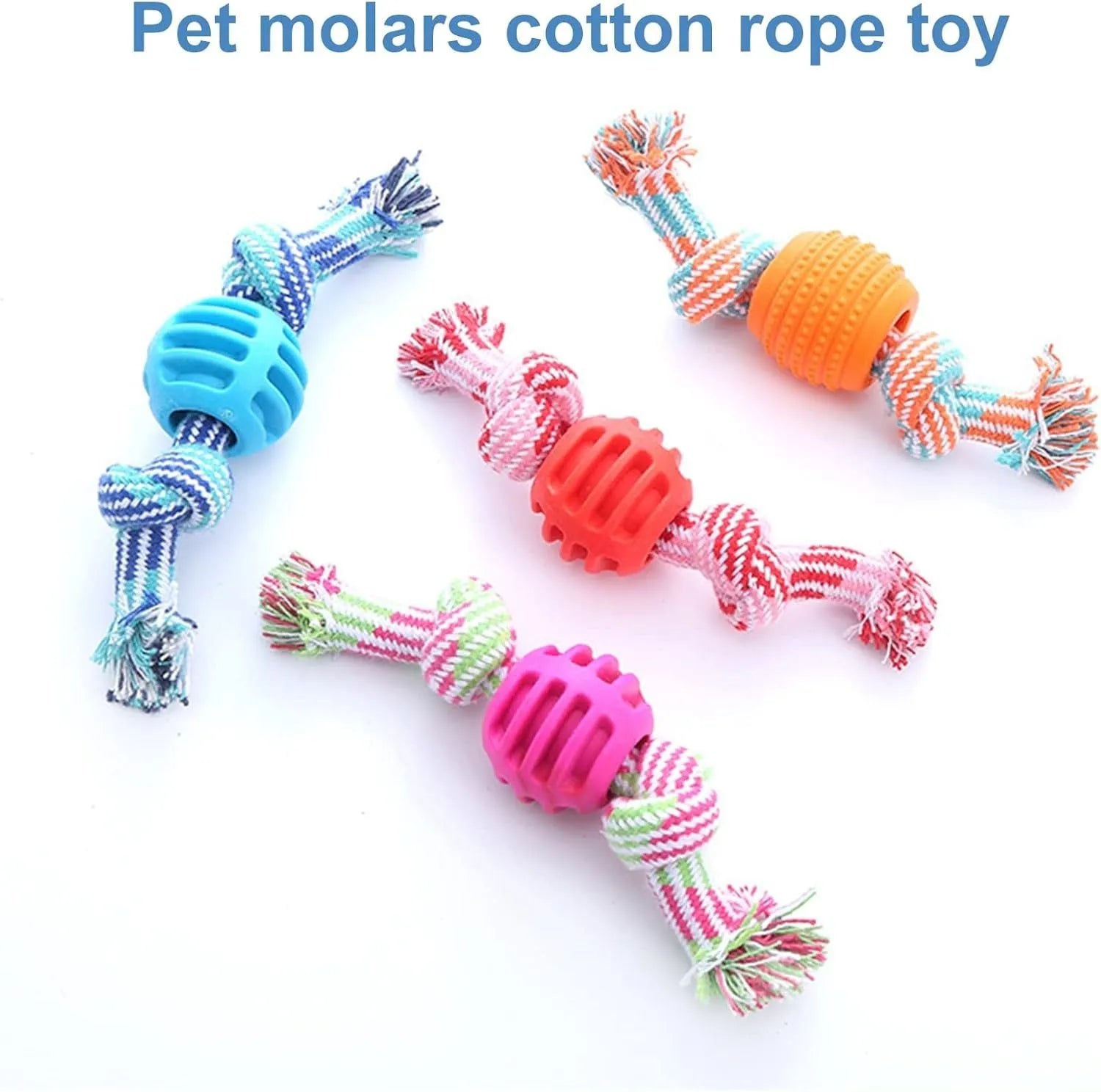 Set of colourful blue, green, orange, pink, and red dog chew toys with rope textures for dental health.
