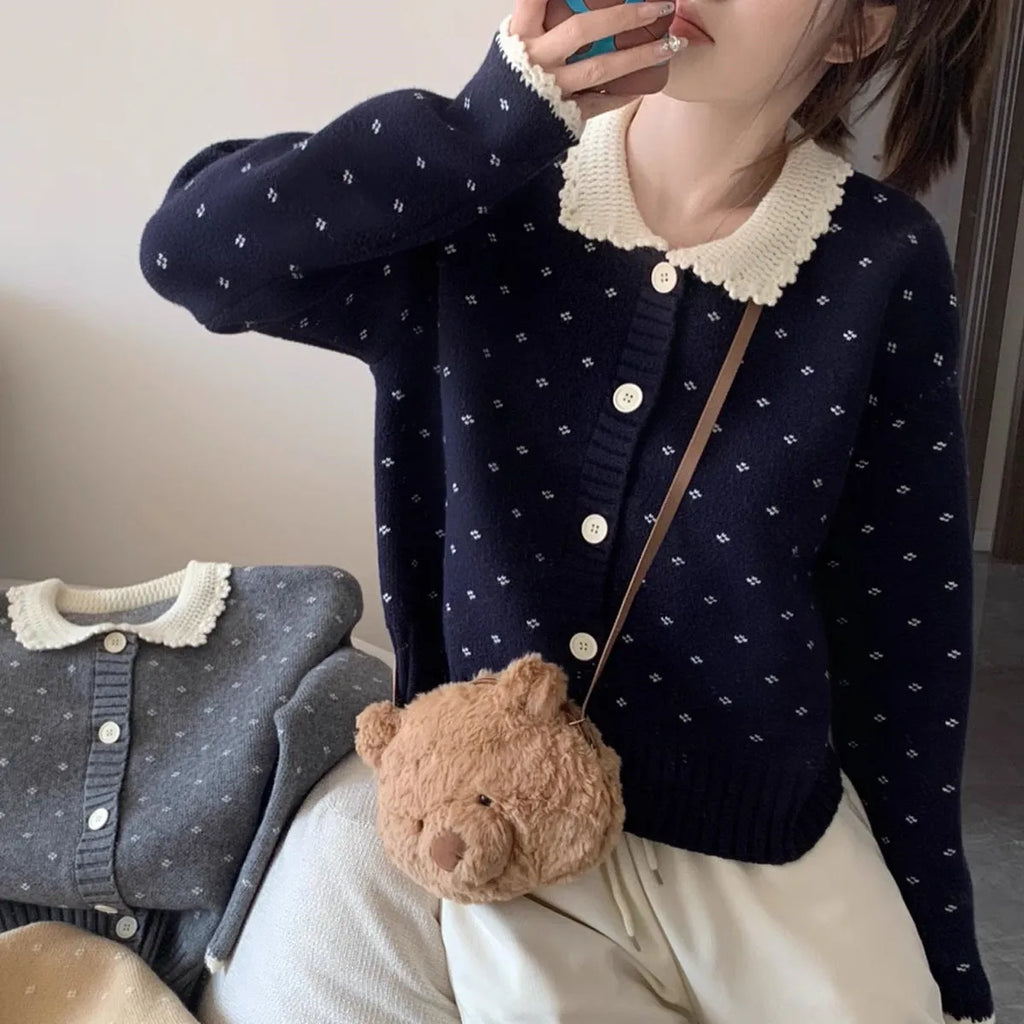 Floral pattern knitted cardigan with Peter Pan collar in Japanese Korean casual style