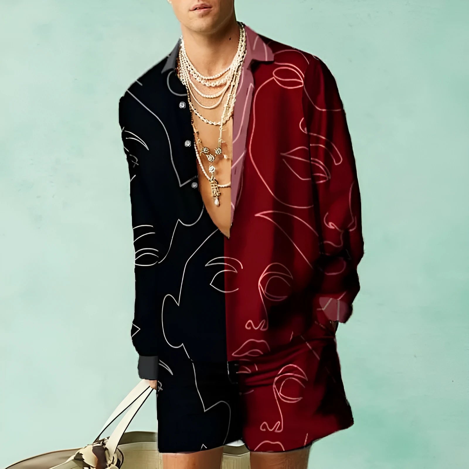 Loose-fitting casual shirt and shorts set in polyester fabric for summer, shown in a slim fit style.