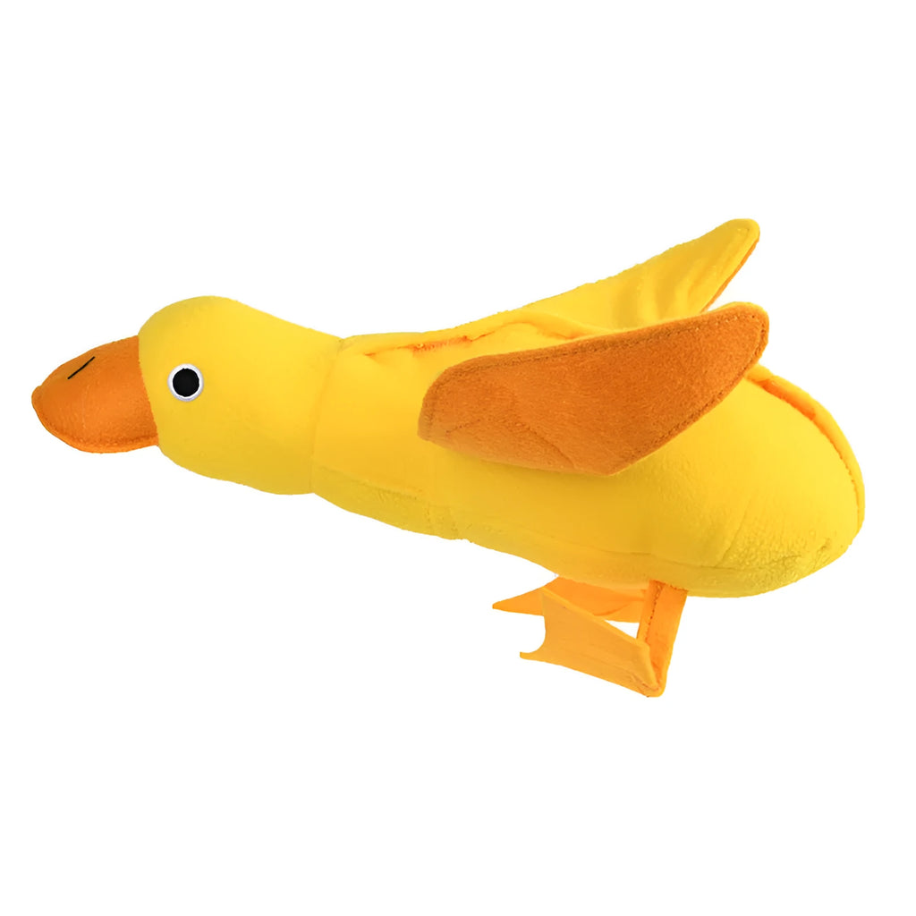 Yellow teddy dog toy with duck sound mechanism and food leak holes for treat dispensing