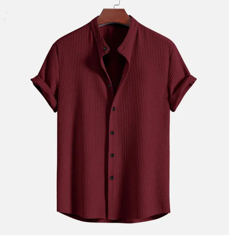 Men's loose fit short sleeve casual shirt in various colours including wine red and light blue