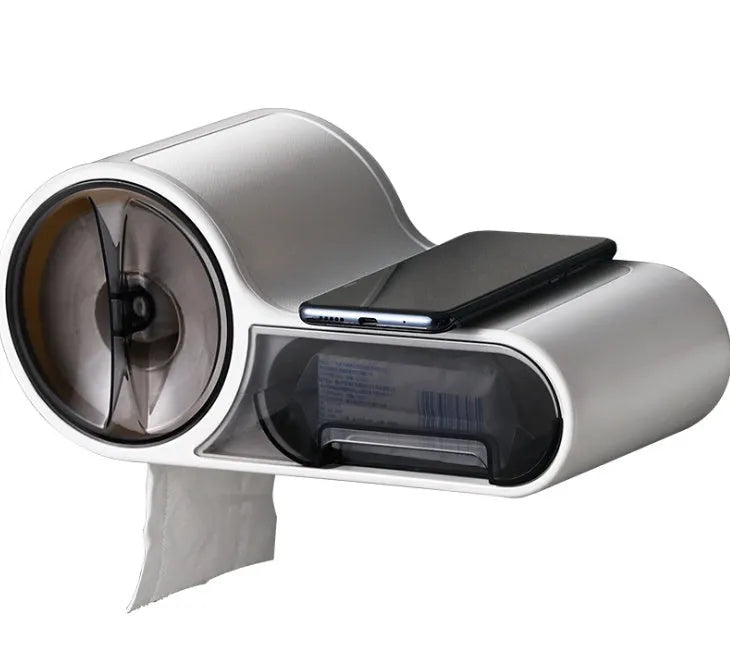 White plastic bathroom toilet roll holder with a streamline curve design on a wall