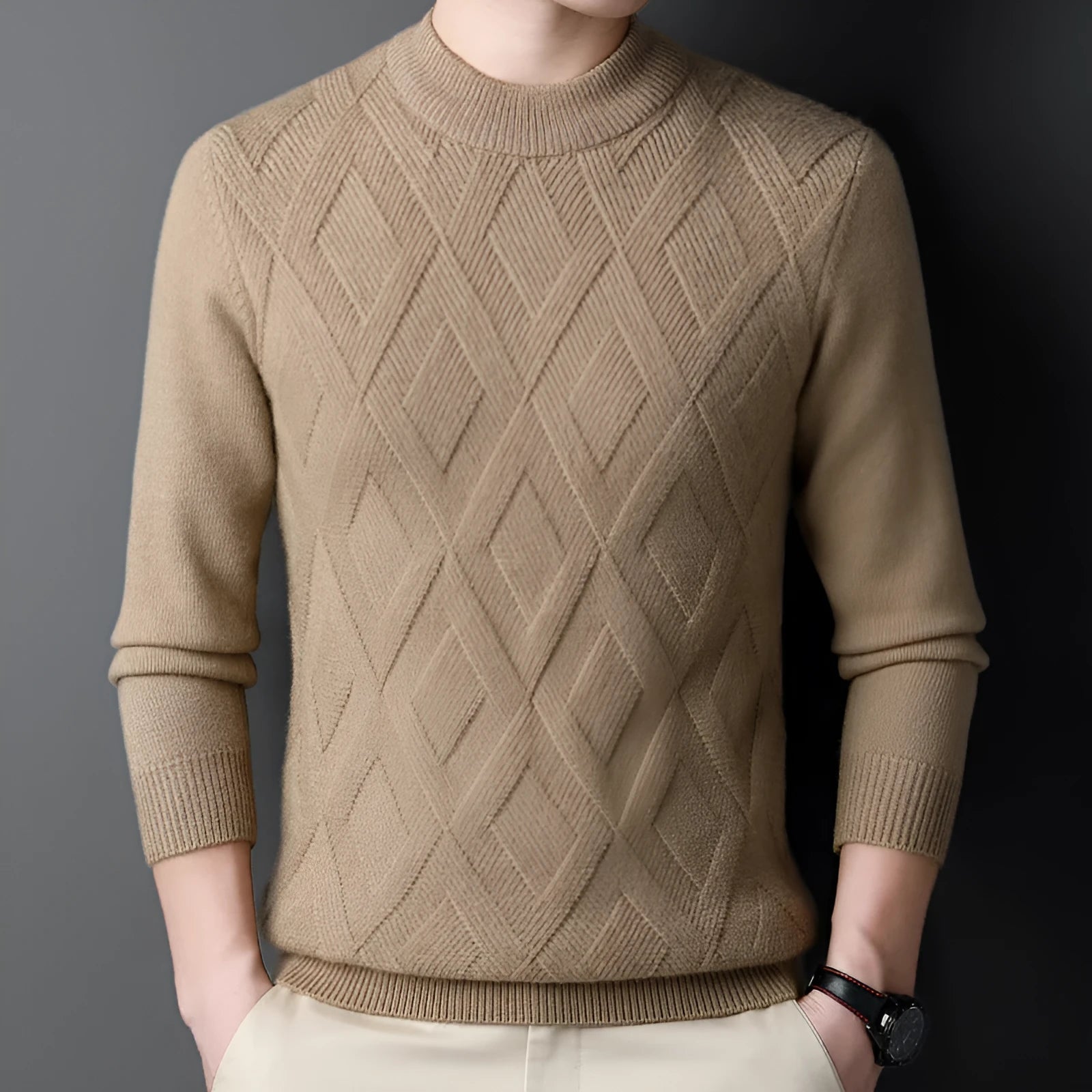 Men's diamond jacquard knit winter sweater in wool blend, shown in light camel colour