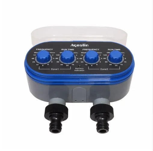 Dual timed irrigation controller device for automatic garden watering with battery compartment