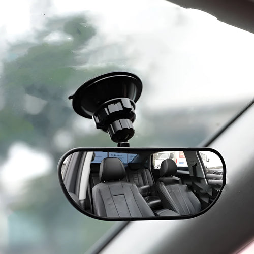 Black 360-degree rotating rearview mirror for cars shown with a large sucker mount for windscreen attachment.
