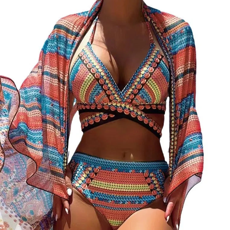 Women's retro ethnic style bikini with split cross strap top in blue colour