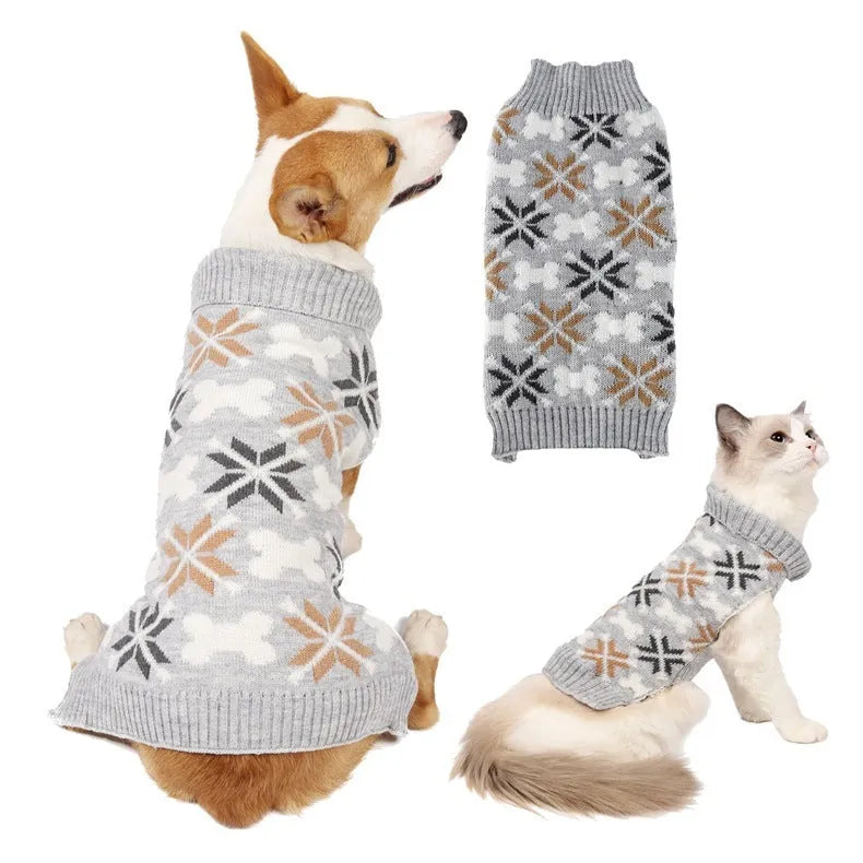 Japanese-style retro jacquard pet sweater, scarf and hat set in grey or pink colours for small dogs and cats