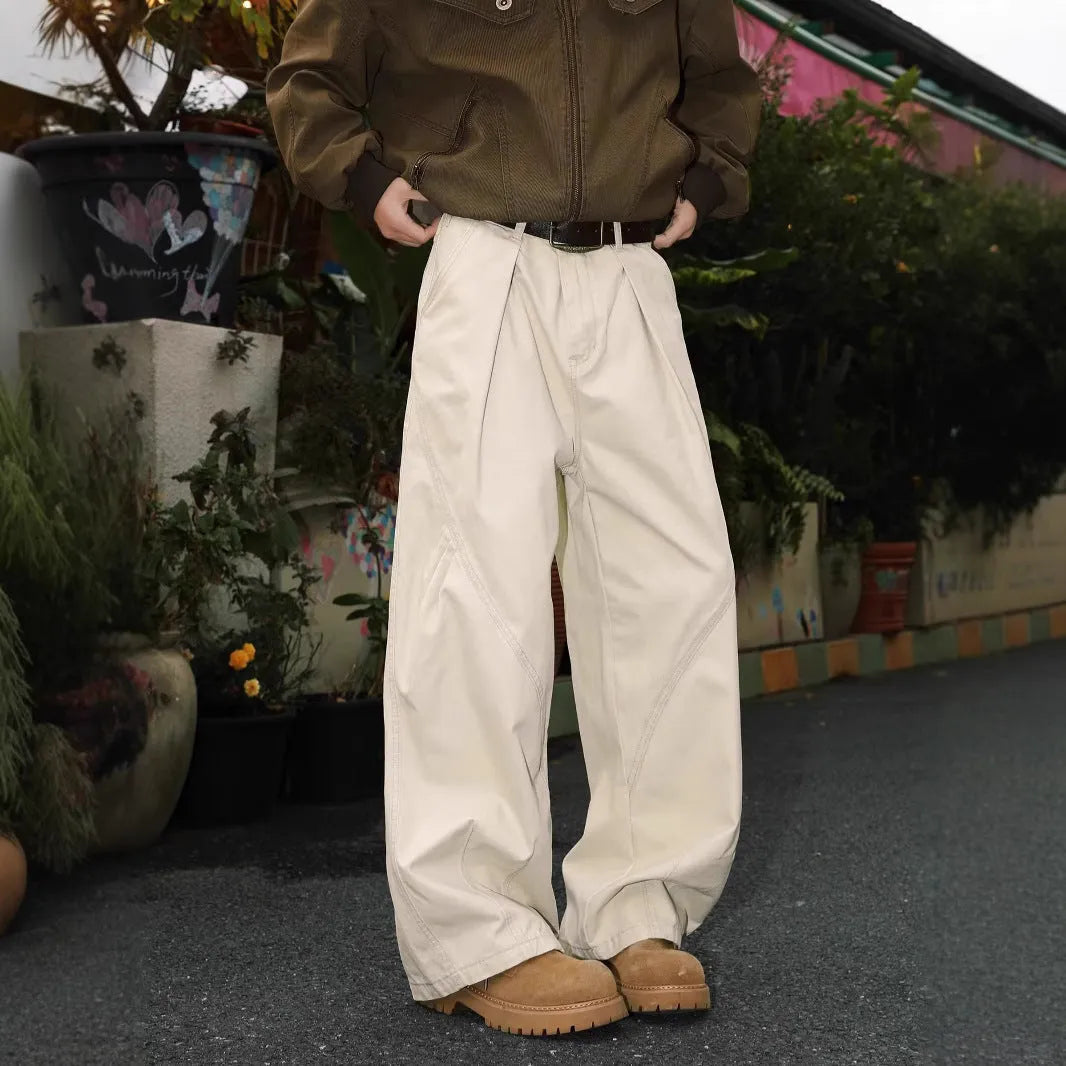 Men's straight leg pleated trousers with micro elastic waist in black, brown and apricot stripe patterns