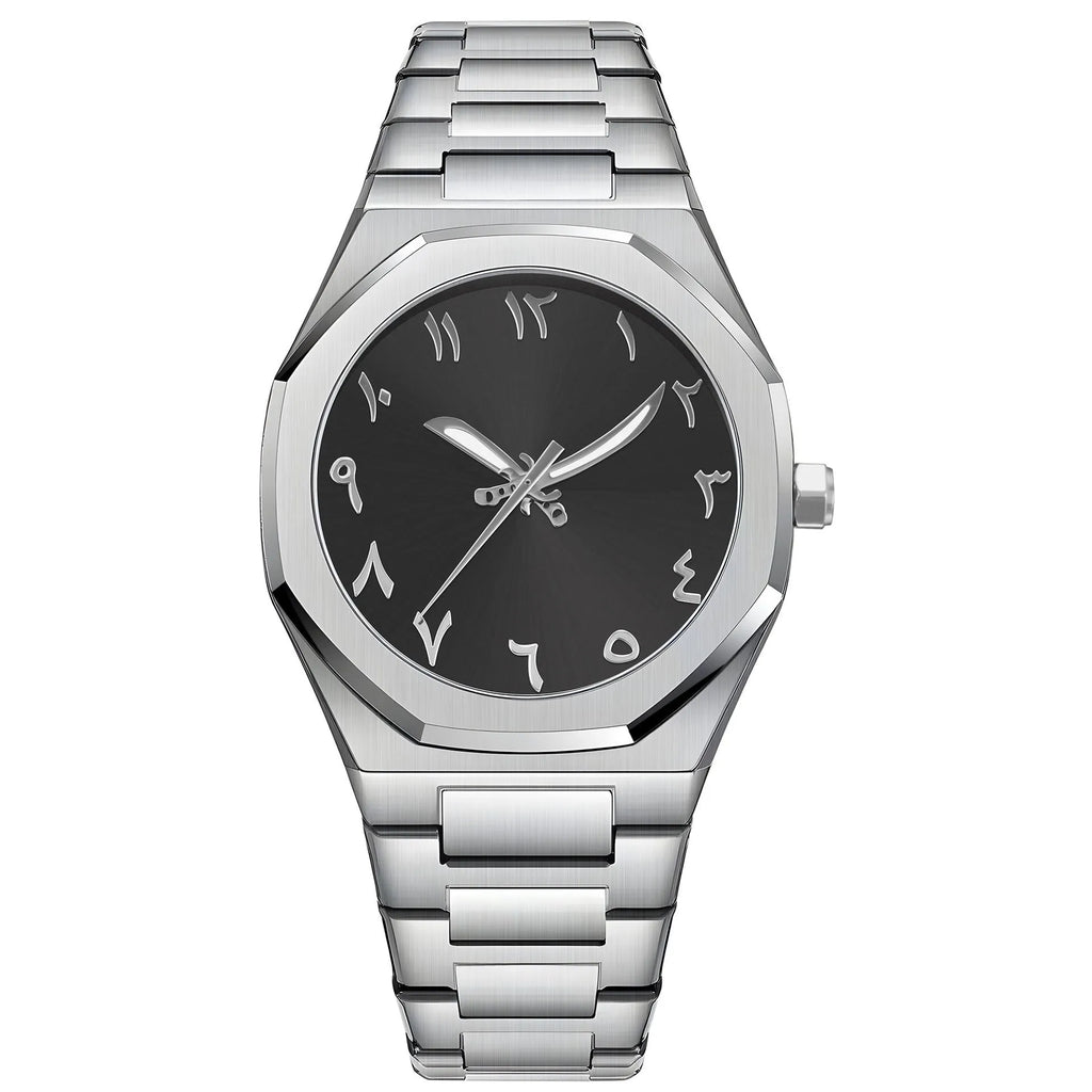 Men's silver and black business casual watch with steel bracelet and analogue dial on a wrist.