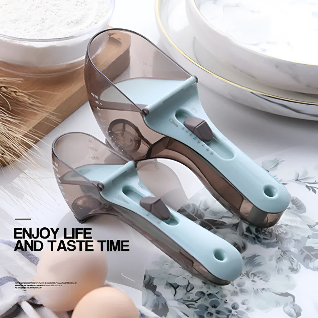 Orange and blue digital measuring spoons with magnetic base and measurement markings.
