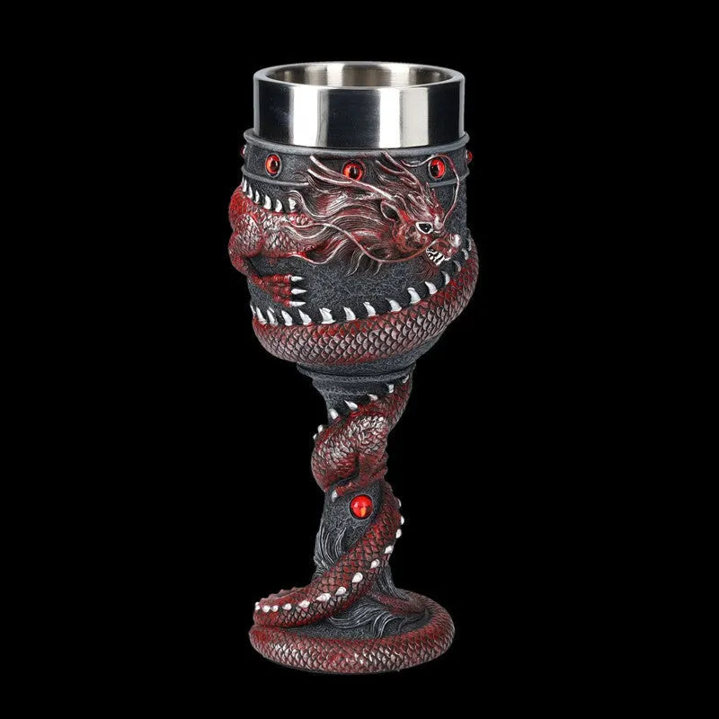 Red wine glass with Chinese dragon 3D stainless steel detailing in gold colour