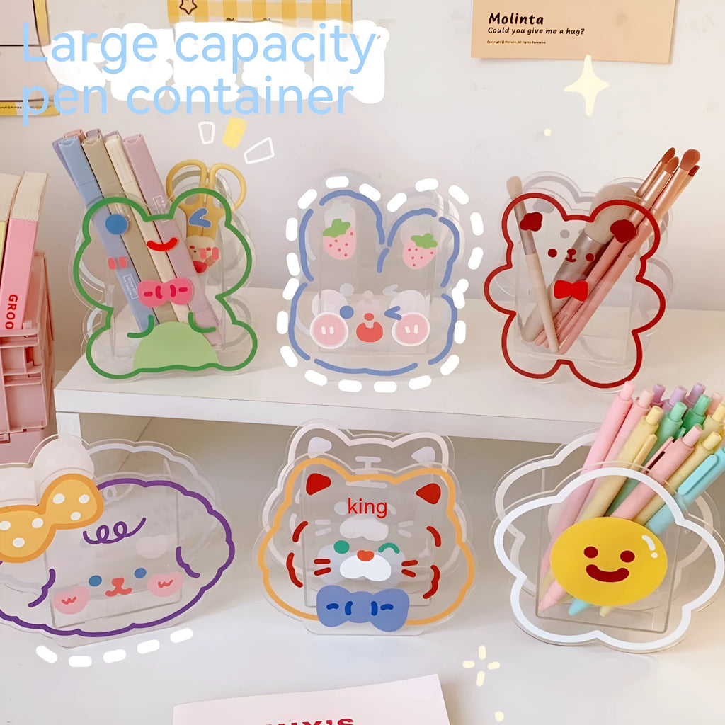 Square clear acrylic storage box with decorative character design for stationery organisation