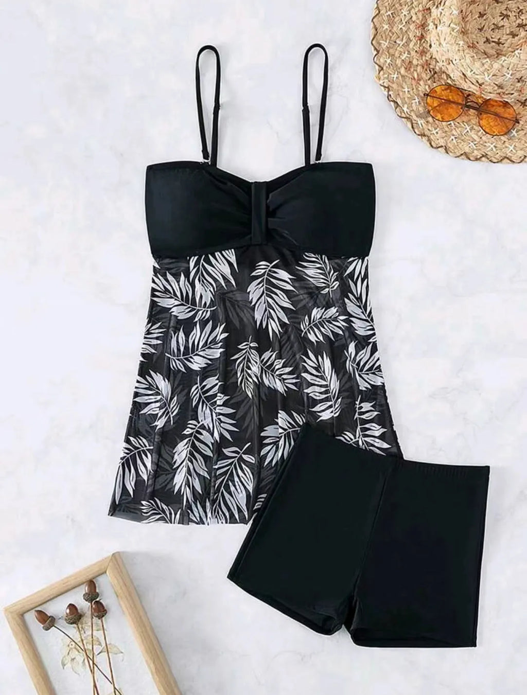Women's high waist mesh swimsuit split boxers in black, blue, or peacock green colours on a size chart.