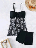 Women's high waist mesh swimsuit split boxers in black, blue, or peacock green colours on a size chart.